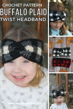 the crochet pattern for buffalo plaid headband is shown in four different pictures