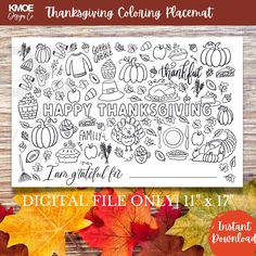 the digital file for thanksgiving coloring page with autumn leaves and pumpkins on it, along with