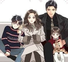 an anime family sitting on a couch with one holding the other's arm around his neck