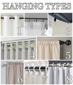 different types of curtains hanging on the side of a curtain rod with numbers below them