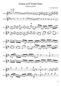 the music score for canon in d violon duet, with notes and notations