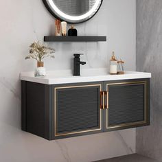 a bathroom sink with a mirror above it and a shelf on the wall next to it