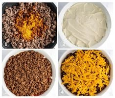 four pictures showing the steps to make cheeseburger casserole with ground beef