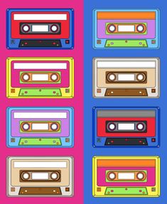 cassette tapes are arranged in different colors on a blue background, with the same color as the