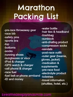 the marathon packing list is shown in purple and black colors, with an image of a man