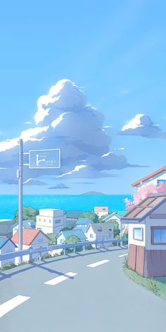 an anime street scene with the sky in the background and clouds in the foreground