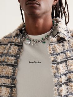 Acne Studios' silver-tone choker is pierced with bar bells and hoops, some of which are are accented with lustrous faux pearls or a metallic green coating. It adjusts between three lengths, so you can customise it to best complement your shirt. Men’s Jewelry, Mens Piercings, Metal Logo Design, Activewear Photoshoot, Phoenix Rising, Satin Shorts, Mens Fashion Blog, Best Mens Fashion, Mens Jewelry Necklace