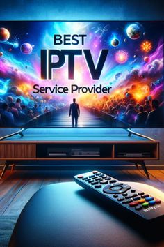 a man standing in front of a tv with the words best iptv service provider on it