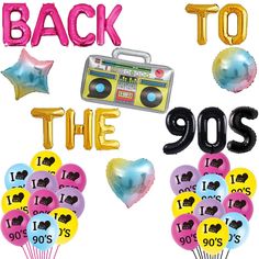 the 90's are back to party balloons and streamers with an old school boombox