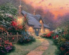 a painting of a cottage with flowers in the foreground and a pathway leading to it