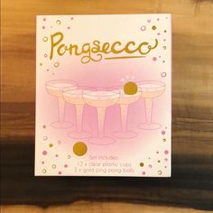 a card that says ponseecco set includes champagne glasses and polka dot balls