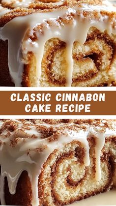 two pictures of cinnamon bundt cake with icing on the top and bottom, one is cut in half