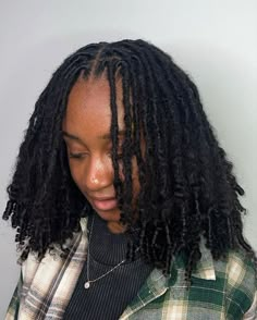 Womens Starter Locs, Locd Hair Styles Short, Fine Hair Locs Black Women, Loc Parting Size, Medium Sized Locs Women, Loose End Locs, Short Loc Ponytail, Thick Locs Hairstyles, Small Dreads Black Women