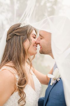 a bride and groom kissing under the veil