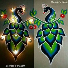 two peacocks with green leaves and red flowers on their backs are lit up by string lights