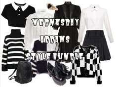 A mystery box full of clothes and accessories inspired by the style aesthetic of Wednesday Addams. You won't find any colour in this collection, strictly black and white, gothic visuals, babydoll silhouettes and edgy schoolgirl influence. I will be mostly drawing inspiration from the recent Wednesday series.  Expect striped knitwear, black and white checkerboard, tulle dresses, white blouses, black dresses, skirts and blazors reminiscent of the Nevermore uniform, stompy boots and her signature b Wednesday Fashion Aesthetic, Wednesday Addams Outfit Inspiration, Wednesday Addams Inspired Outfit, Nevermore Uniform, Wednesday Outfit Ideas, Wednesday Clothes, Stompy Boots, Wednesday Addams Style