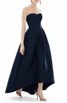 Best Dressed Guest—30 Winter Wedding Outfit Ideas | The Everygirl Alfred Sung Bridesmaid Dresses, Evening Dress Collection, Alfred Sung, Bridesmaid Dress Styles, Ball Gown Skirt, Strapless Gown, Black Tie Event, Featuring Dress, Black Tie