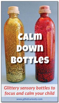 two bottles filled with glitter and the words calm down bottles