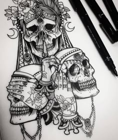 a drawing of two skulls with tattoos on them