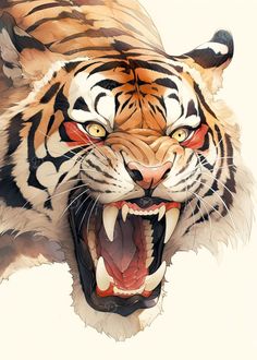 a tiger with its mouth open and it's teeth wide open, showing fangs