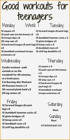 a printable workout schedule for teenagers with the words good workouts for teenagers week 1