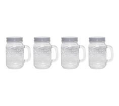 four glass mugs with lids are lined up in the same row, one is empty