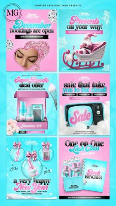 an advertisement for a cosmetics store with pink and blue colors