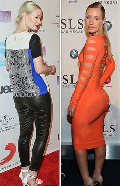 two pictures of the same woman in different outfits, one is wearing an orange dress