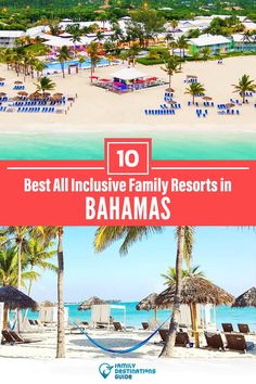 the beach with palm trees and chairs in front of it that says best all inclusive family resort