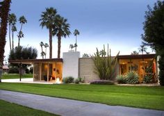 a modern house with palm trees in the front yard and landscaping on the side walk