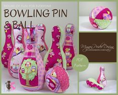 a collage of pink and green decorated bowling pins