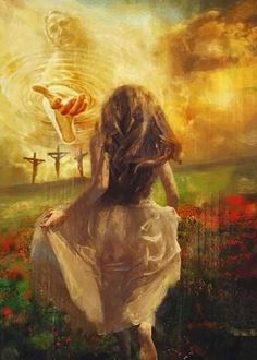 a painting of a girl in a white dress walking through a field with an angel above her