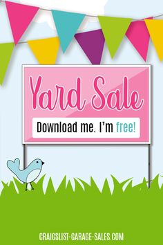 a yard sale sign with a bird on the grass and bunting flags in the background