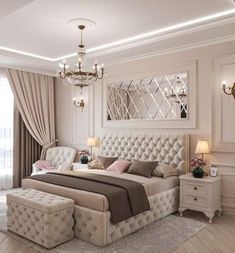 a bedroom with a large bed and chandelier in the corner, along with two nightstands on either side