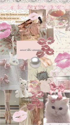 a collage of pink and white images