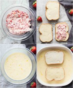 four images showing how to make strawberry cheese sandwiches