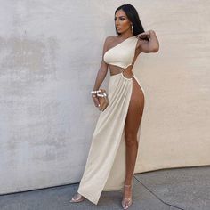 Castaway Asymmetric Cut Out High Split Maxi Dress - Dresses - Mermaid Way Looks Adidas, High Split Dress, Cream Maxi Dress, Sheer Maxi Dress, Dress Heels, Ankle Length Dress, Split Maxi Dress, فستان سهرة, Split Dress