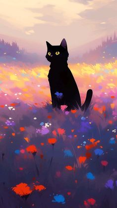 Black Cat Wallpaper Aesthetic Art, Cat Wallpaper Animated, Magic Cat Wallpaper, Witchy Cat Wallpaper Iphone, Japanese Cat Wallpaper Iphone, Cat Phone Wallpaper, Color Theory Art, Dreamy Artwork