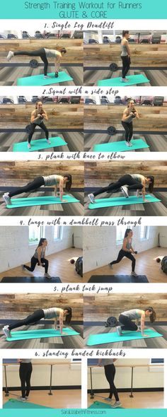 a woman doing yoga poses with the words strength training workout for runners on her stomach