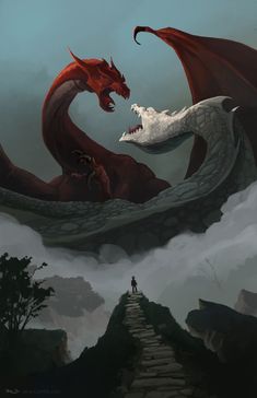 two red and white dragon facing each other in front of a man standing on top of a hill