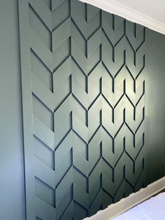 the wall is painted in shades of blue and green with an interesting pattern on it