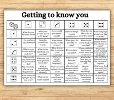 a printable game with dices and words on it that says getting to know you