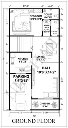 the ground plan for a two story house with an attached kitchen and living room area