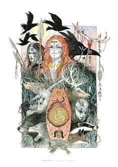 an illustration of a woman surrounded by birds and other animals, with the image of a demon