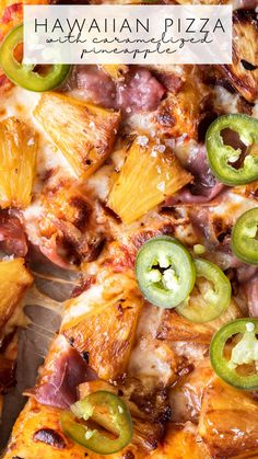 hawaiian pizza with pineapple, jalapenos and ham on the top slice