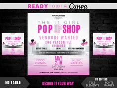 a flyer for a pop up shop featuring pink and black colors, with the words ready to