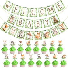 a welcome baby banner with cupcakes and forest animals