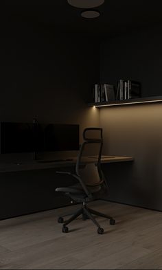 an office chair in front of a desk with books on it and a book shelf next to it