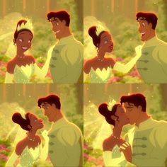 the princess and the frog kissing each other