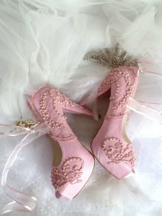 "Baby pink lace embellished wedding shoes for bride, custom heel heights available. Feel yourself like a princess in these dreamy pink wedding heels! Fairy tale weddings or elegant receptions, these romantic bridal shoes compliment your wedding dress beautifully. Custom wedding gift, pink bridesmaids shoes. Light pink bridal shoes are designed with embroidered lace appliques. Glass beads and shiny sequins are used on the embroidery and organza ribbon laces complete the fairy tale look... They ar Quencinera Shoes, Pink Quinceanera Heels, Pink Princess Heels, Pink Princess Shoes, Pink Wedding Heels, Pink Bride Dress, Heels Pink, Pink Bridesmaid Shoes, Romantic Bridal Shoes